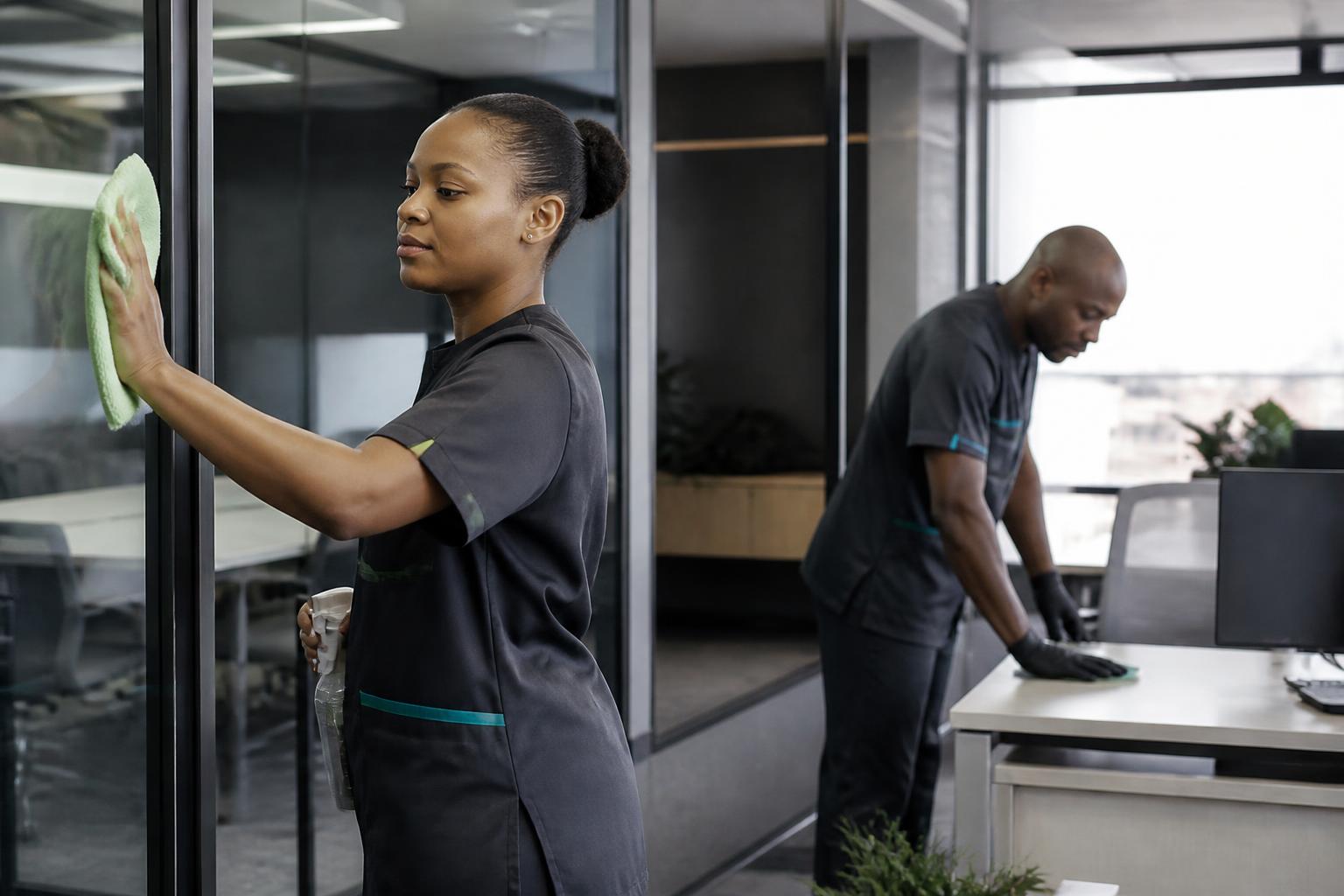 ABUTI professional cleaners caring for glass and desks in a modern office