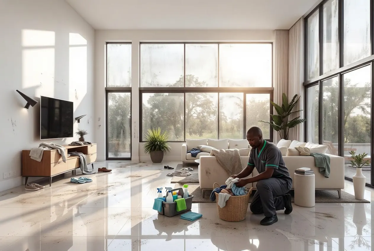 ABUTI professional cleaner progressively transforming a neglected living room
