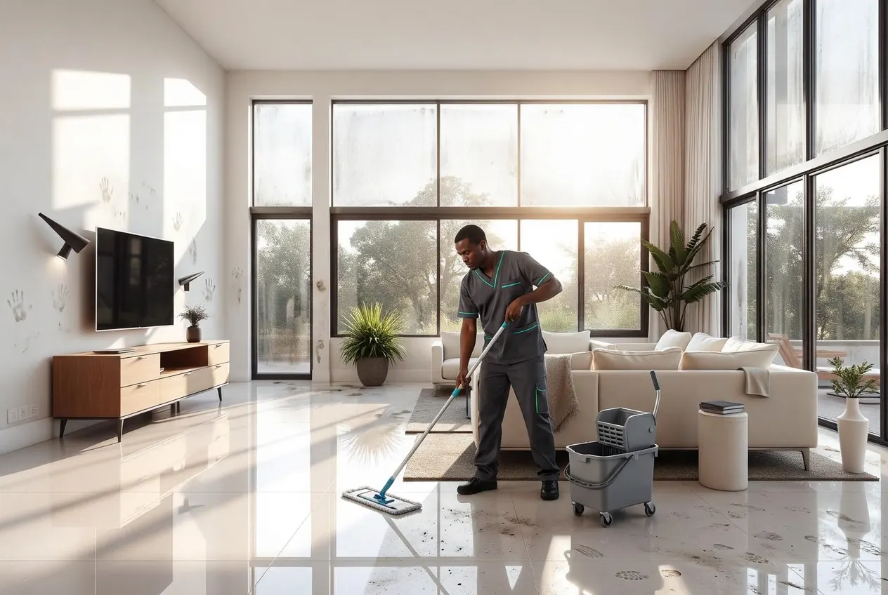 ABUTI professional cleaner progressively transforming a neglected living room