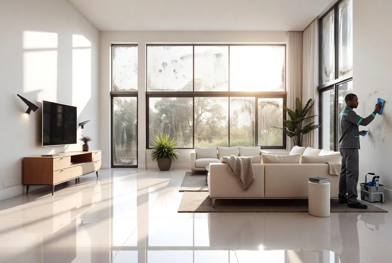 ABUTI professional cleaner progressively transforming a neglected living room
